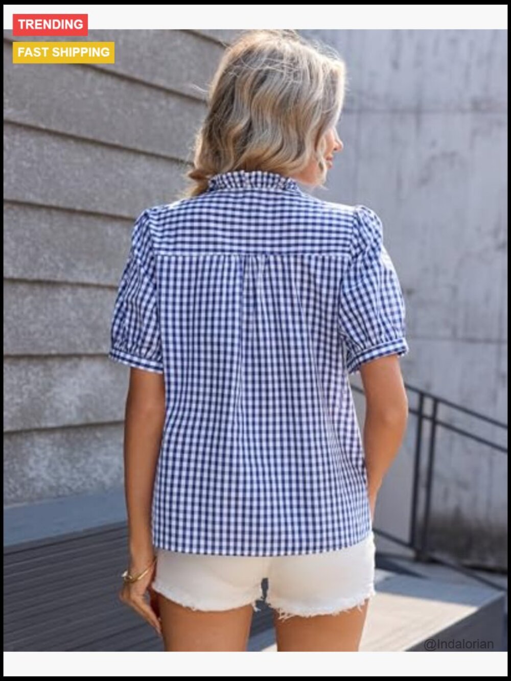Cotton Plaid Gingham Short Sleeve Button Down Ruffle V Neck Blouse Shirt - Picture 2 of 7